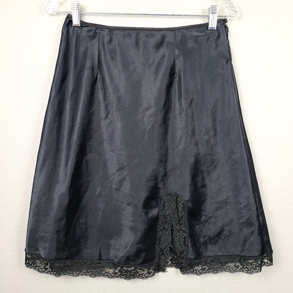 Vintage Victoria's Secret Gold Label Black Satin Lace Trim Half Slip Skirt M